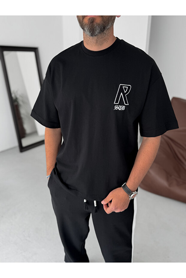 Siyah Creative Nakışlı Oversize T-Shirt RES-5245 - 5