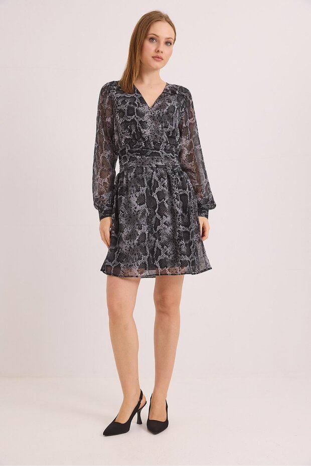 Lined Double Breasted Collar Special Design Chiffon Dress Smoked