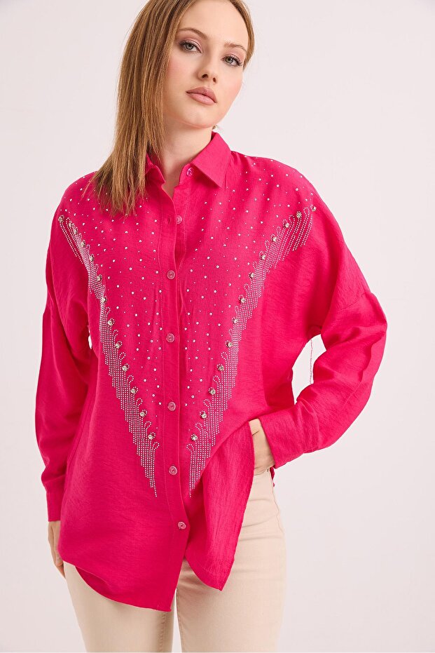 Stone Embroidered Comfortable Fit Linen Shirt Fuchsia