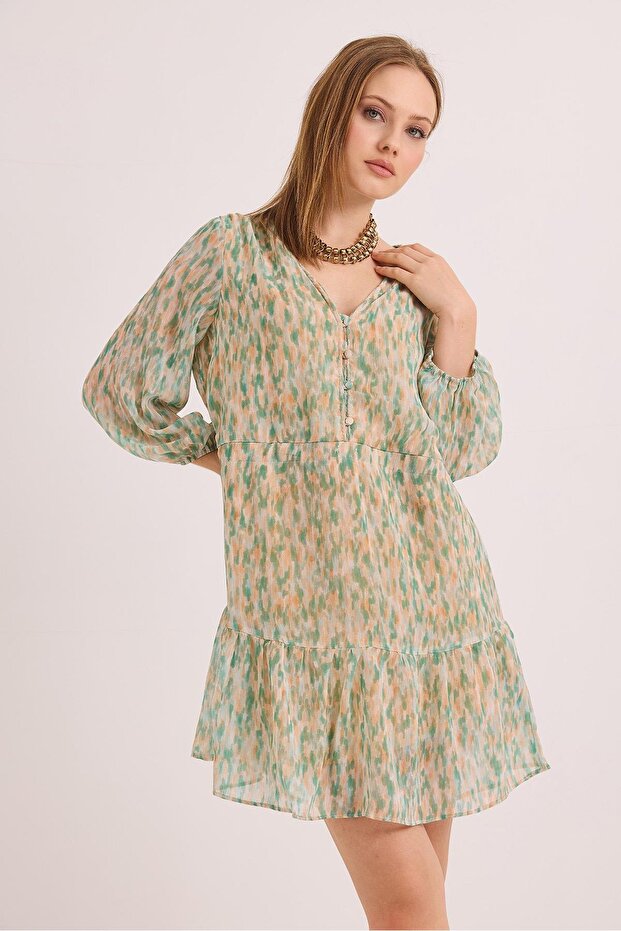 Lined V-Neck Special Design Chiffon Dress Green