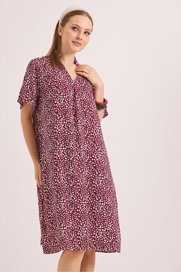 V-Neck Comfortable Fit Woven Viscose Dress Claret Red