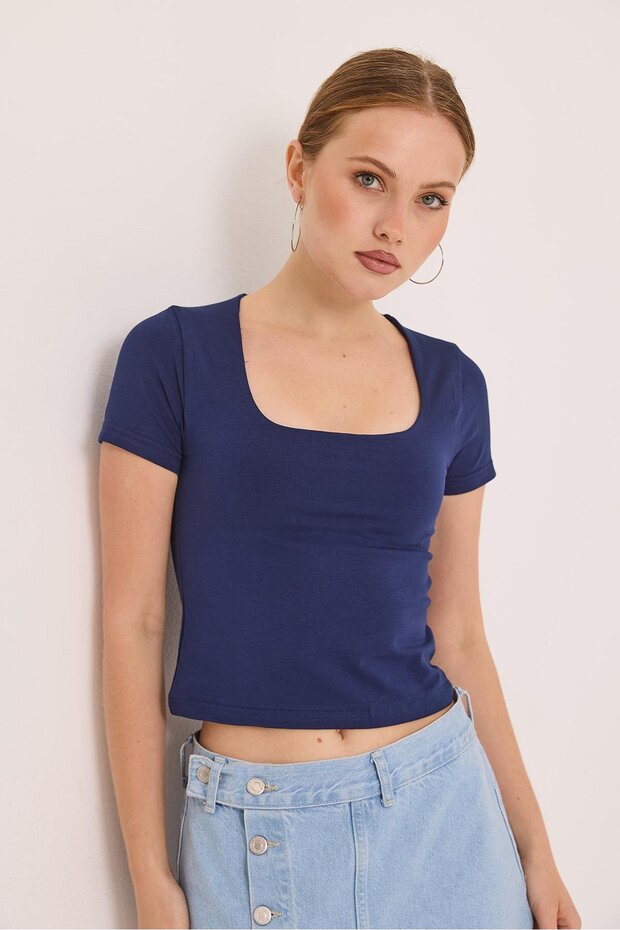 Square Neck Stretchy Cotton Knitted Blouse Navy Blue