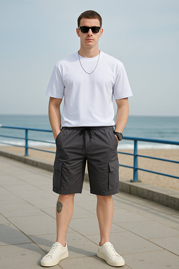 Anthracite Color Parachute Fabric Men's Shorts with Cargo Pockets - 1