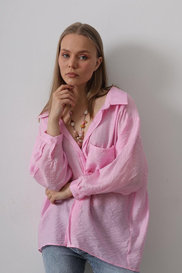 Shilsee Women's Pink Pocket Oversize Shirt