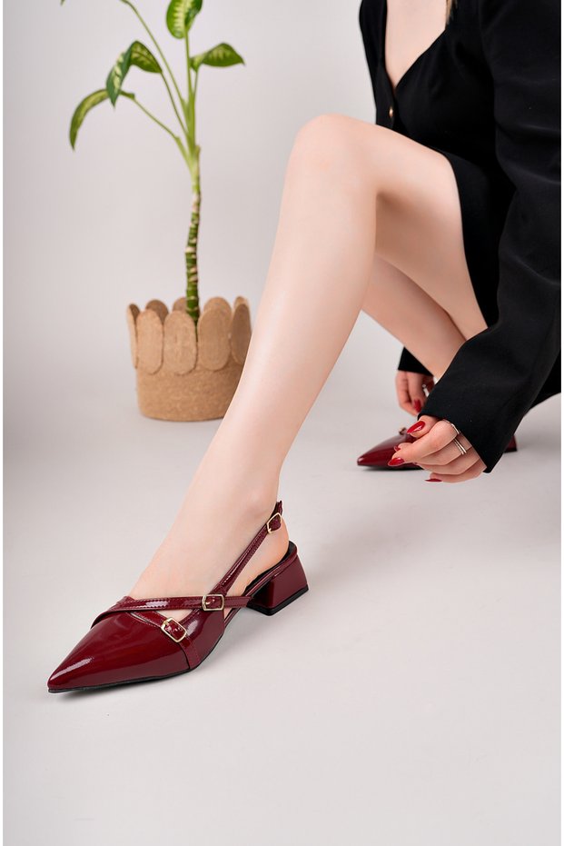 Burgundy Patent Leather Women's Square Pointed Toe Heeled Shoes