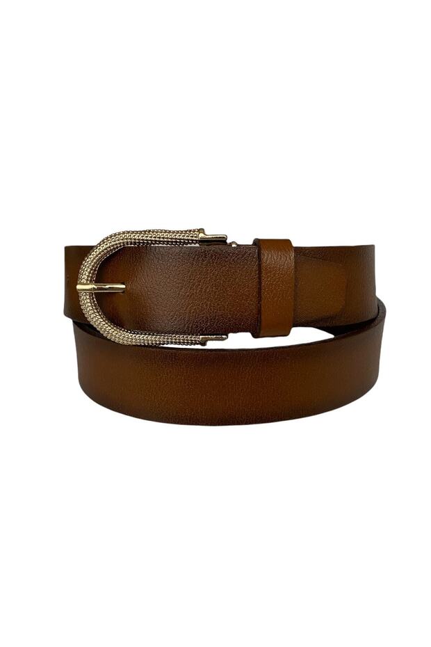 100% Genuine Leather, Brown Women's Jeans with Gold Buckle, Sports Belt 4 Cm=an-byn-12