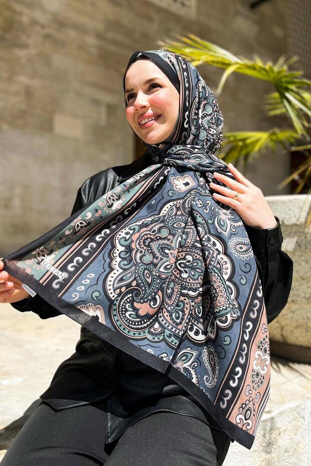 Sultan Fresh Pamuk Şal - Orient Express Modeli - SLF001-13 - Yeşil, Siyah, Füme - 4