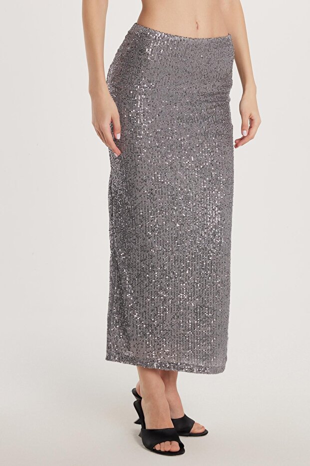 Women's Slim Fit Silvery Long Plain Gray Skirt