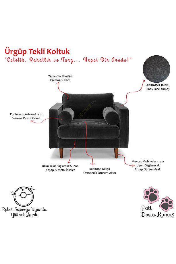 Ürgüp Antrasit Tekli Koltuk Berjer Lobby Koltuğu Terapi Bekleme Koltuğu - 3