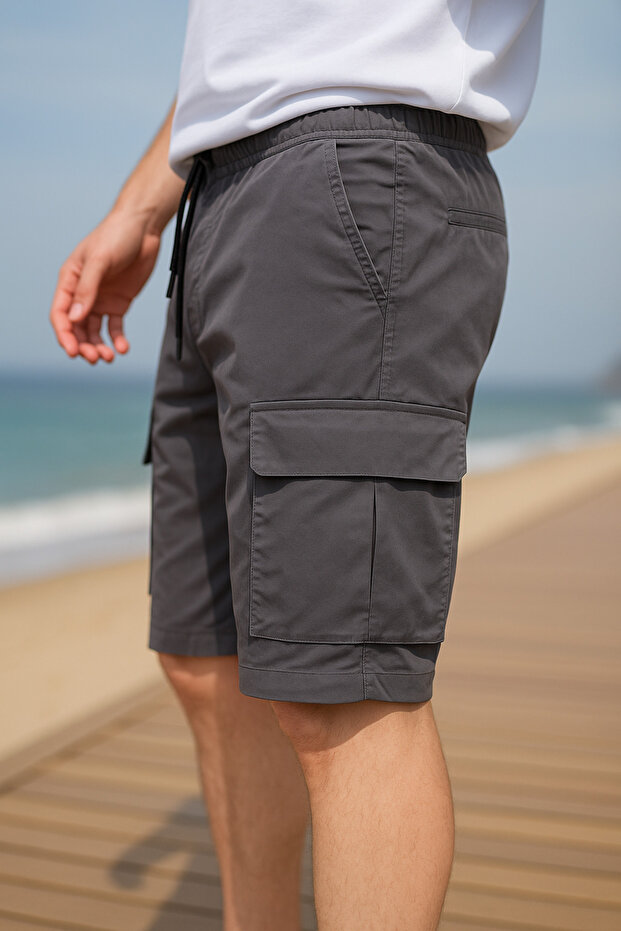 Anthracite Color Parachute Fabric Men's Shorts with Cargo Pockets - 2