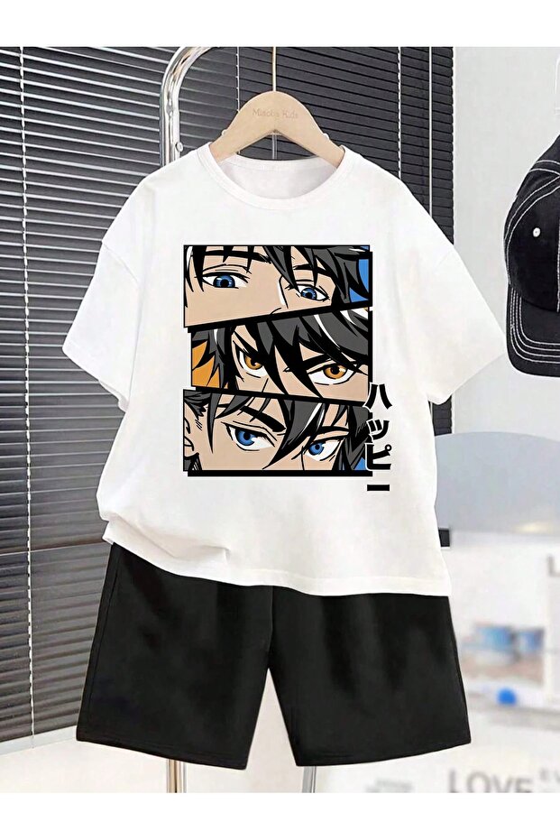 Boys' New Colorful Anime Print Pattern T-Shirt and Shorts Set