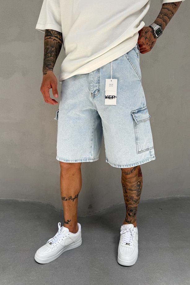 Buz Mavi Denim Kumaş Kar Yıkama Erkek Kargo Cep Jean Kot Şort Mz537 - 2