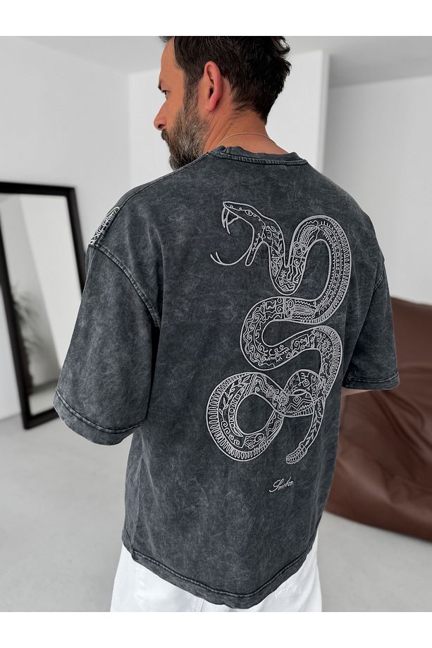 Siyah Yıkamalı Snake Baskılı Oversize T-Shirt RES-5247 - 2
