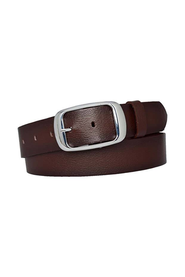 100% Genuine Leather, 4 cm Dark Brown Women's Belt with Silver Buckle; Jeans, Sports Belt An-Byn-19