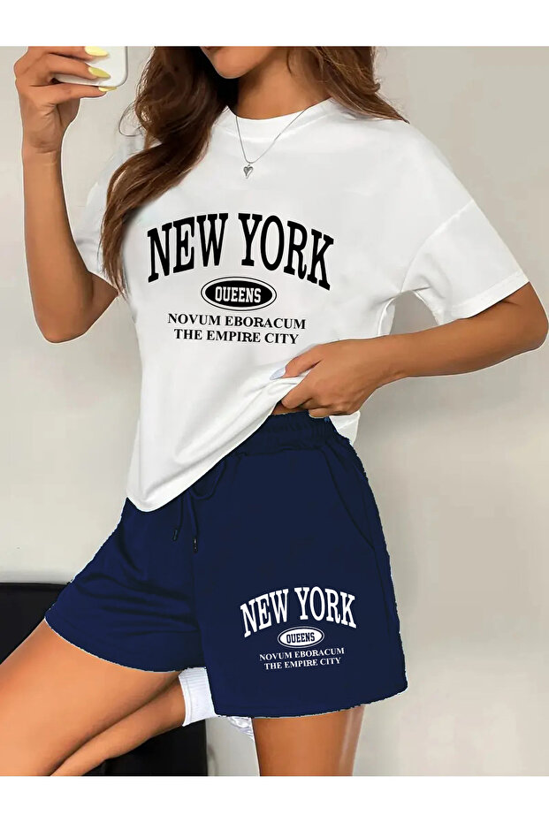 Women's New York Queens Printed Special Design Oversize Tshirt and Shorts Bottom - Top Set