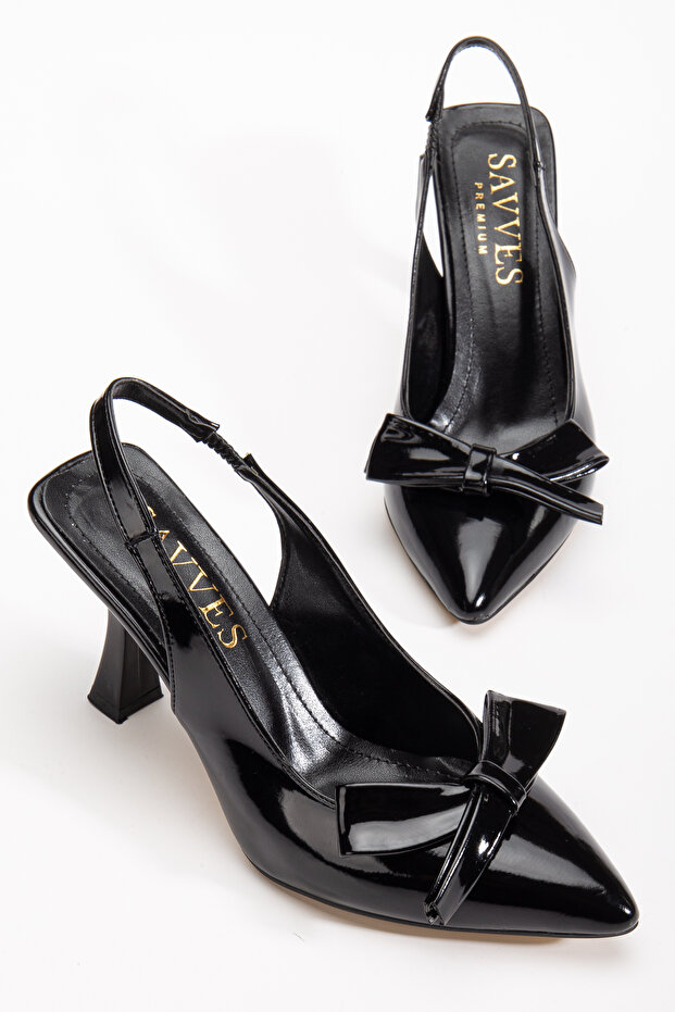 Women's Black Patent Leather Bow Detailed Open-Back Thin Heeled Shoes