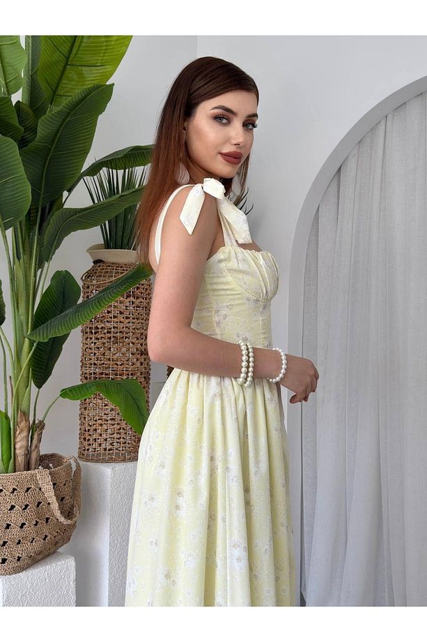 Sarı Askılı Bağlama Detay Çiçek Desenli Midi Elbise - 5