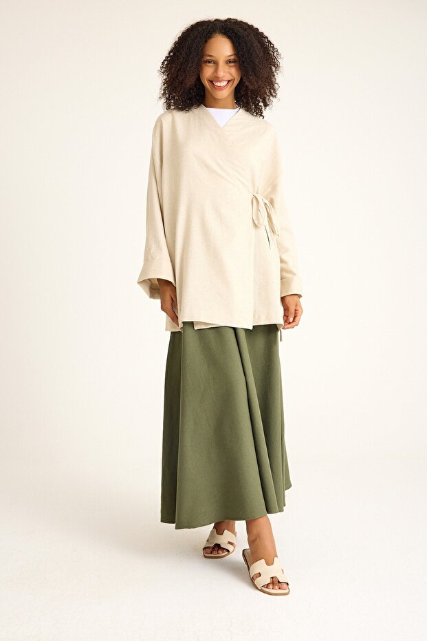 Keten Kimono Bej - 3