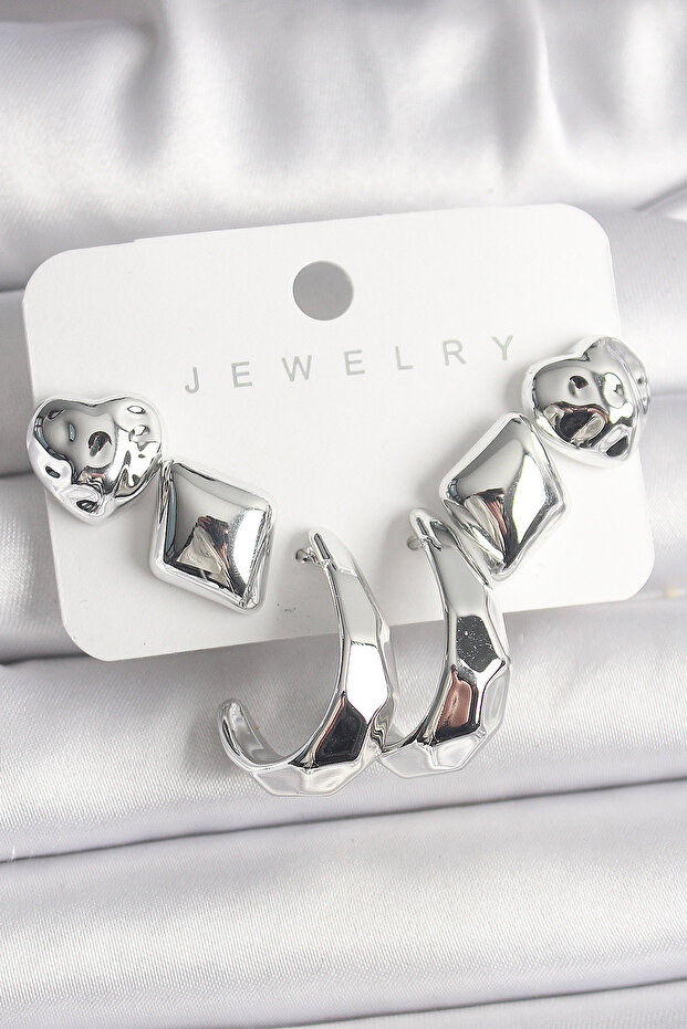 Silver Color Heart Hoop Figure Ccb Plastic Women's Earrings Set