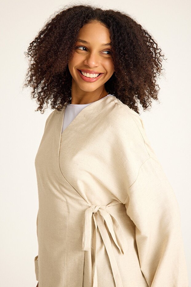 Keten Kimono Bej - 7