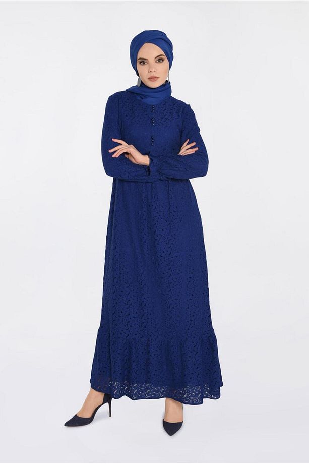 YUVARLAK YAKA DANTELLİ ELBİSE 4390 - 1
