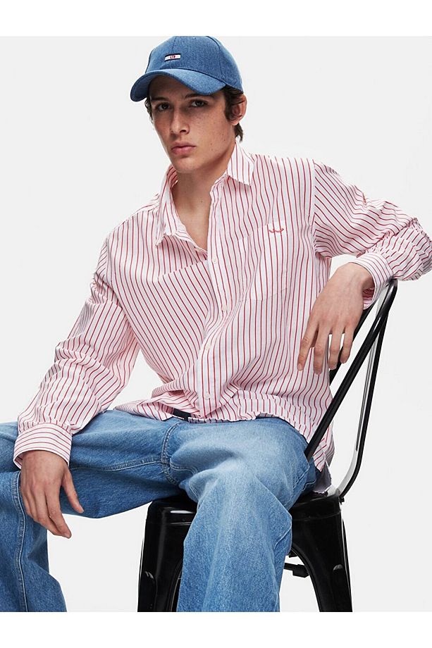Relaxed Basıc Uzun Kollu Dokuma Pembe Gömlek - 6