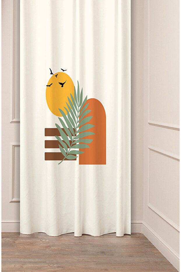 Bohemian Model Leaf Sun Bird Patterned Special Design Digital Printed (Single Wing) Beige Cream Stylish Background Curtain