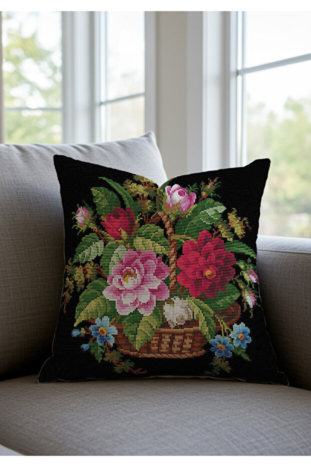Cross Stitch Black Background Red Rose Patterned Digital Printed Set of 2 Throw Pillow Cases - 5