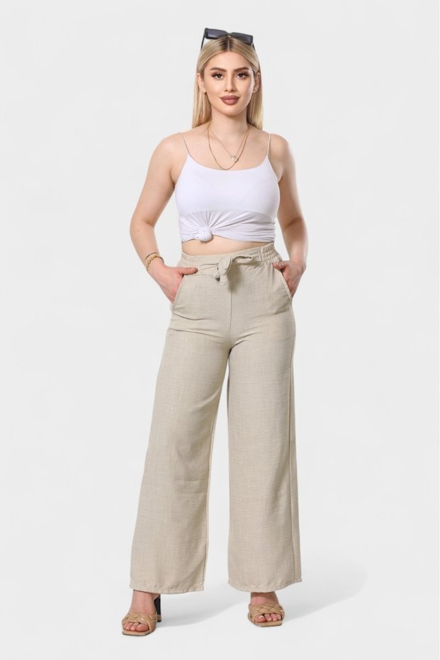 Women's Cream Belted Elastic Waist Palazzo Linen Trousers