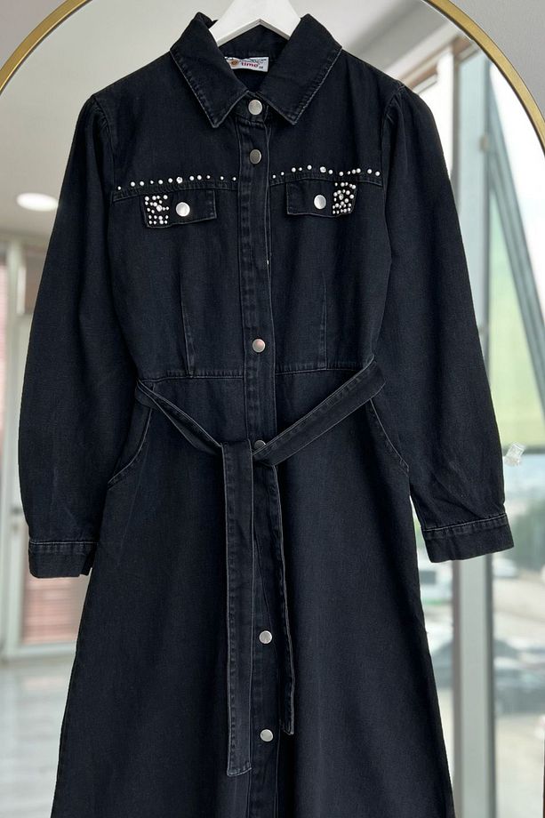 Kadın Denim İnci Taş Cep Detaylı Tesettür Kot Elbise - 3