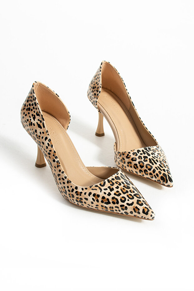 Leopar Desen Parlak Rugan 7cm Topuk Sivri Burun Kadın Stiletto Şık Günlük ve Abiye Ayakkabı - 6