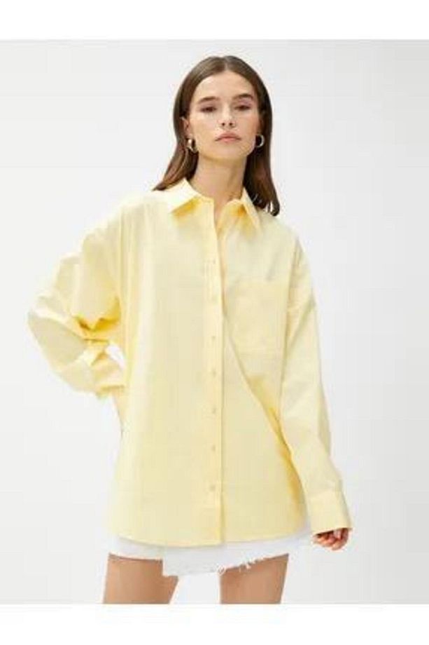 Sarı Oversize Poplin Gömlek Cepli Pamuklu - 3