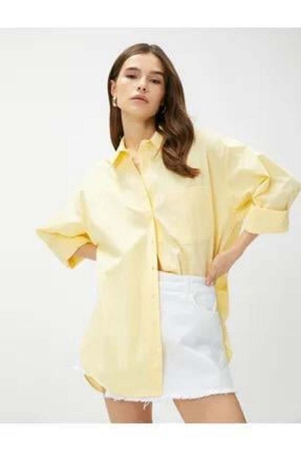 Sarı Oversize Poplin Gömlek Cepli Pamuklu - 1