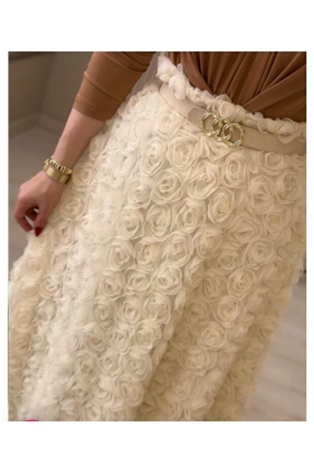 Women's Cream 3D Rose Special Design Long Skirt
