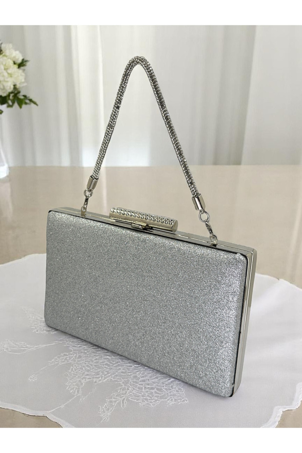 Silver Gray Lame Simili Non-Shedding Imported Kumsim Stone Handle Women's Evening Dress Bag