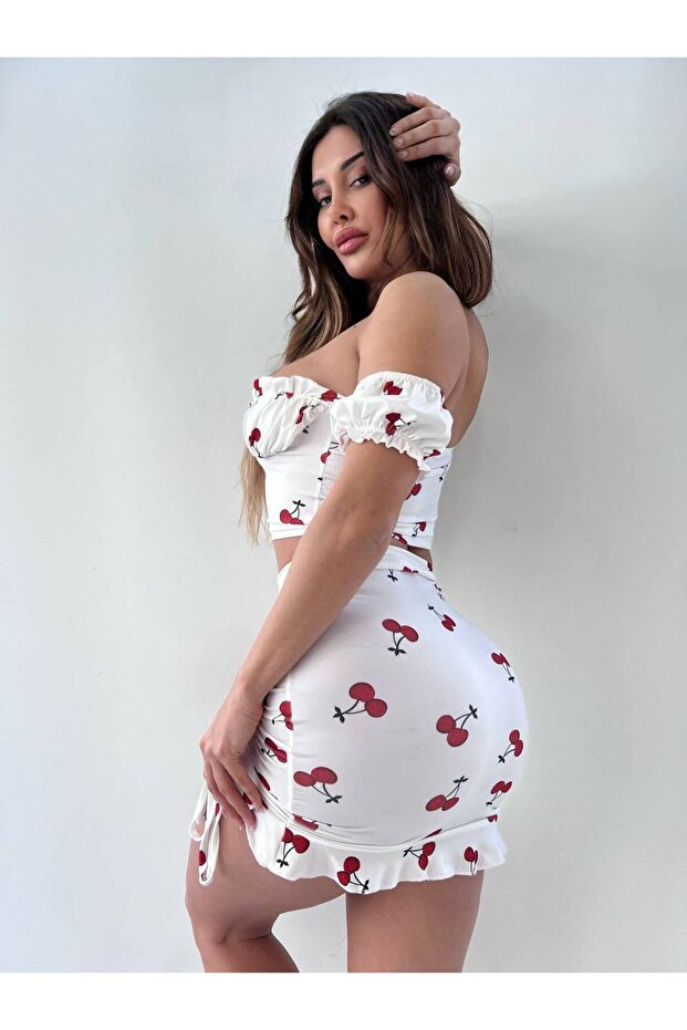 Cherry Patterned Skirt Gathered Double Set - 3