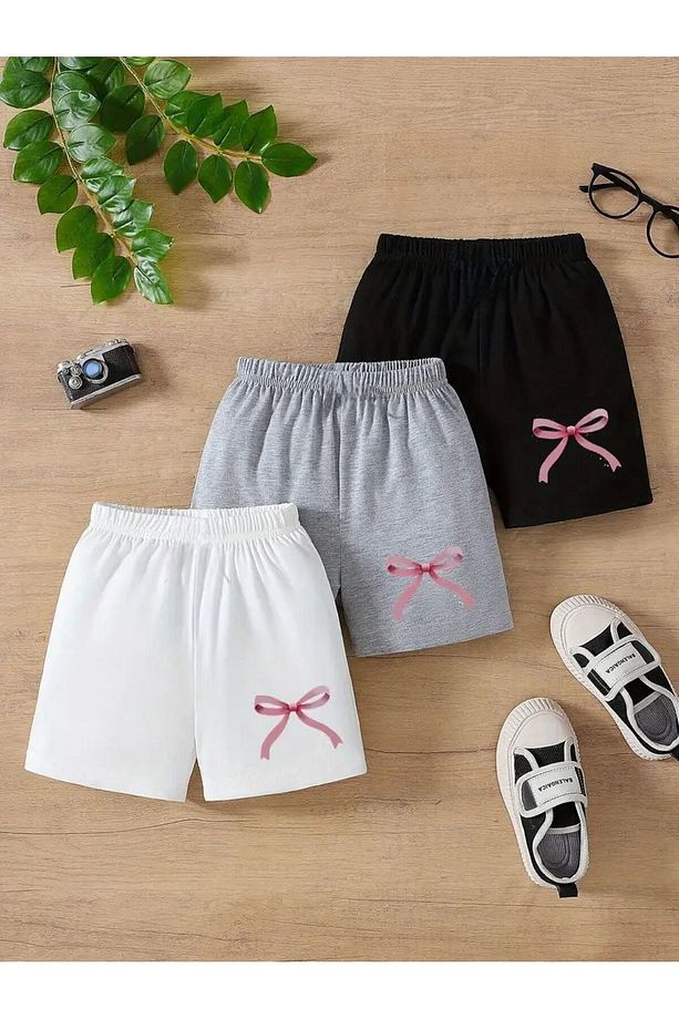 Kız\Erkek Çocuk 3`Lü Paket Minimal Kurdele Baskılı Şort - 1