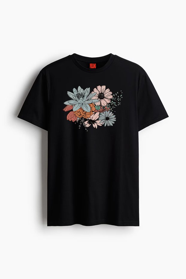Unisex Soft Textured Women's Men's Oversize Crew Neck Cotton Floral Printed Basic T-Shirt