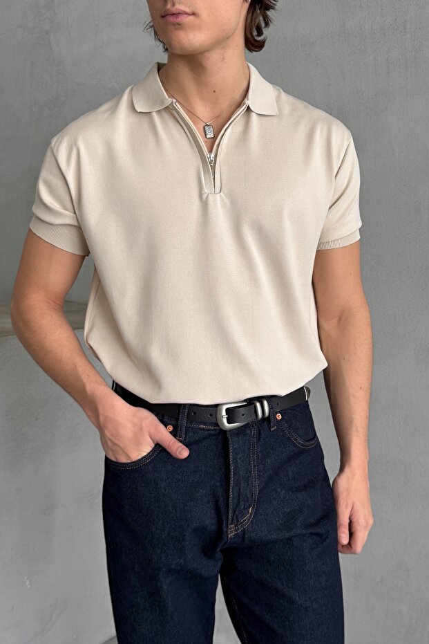 Men's Oversize Zippered Polo Neck Knitwear T-Shirt