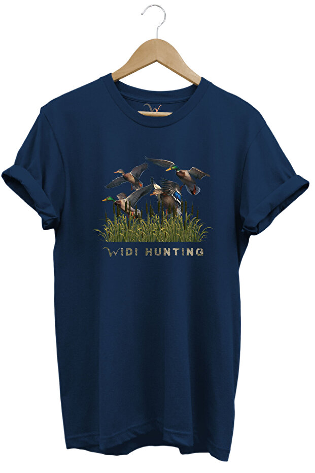 Widi Hunting Hunting Duck Hunting Printed 100% Cotton Regular Fit Crew Neck Navy Blue T-Shirt