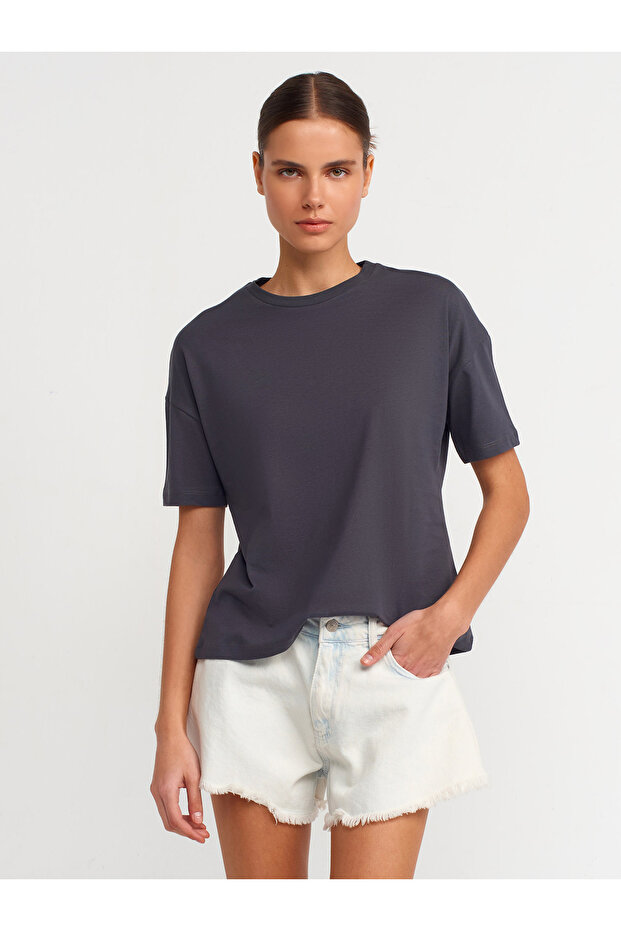3683 %100 Pamuk Basic T-shirt-Antrasit - 2