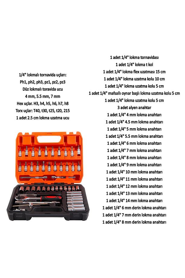 Lokma Anahtar Takımı 53 Parça Uzatma Kolu Mafsallı 1/4 Yıldız Hex Tork Düz Set Bits Uç Allen - 2