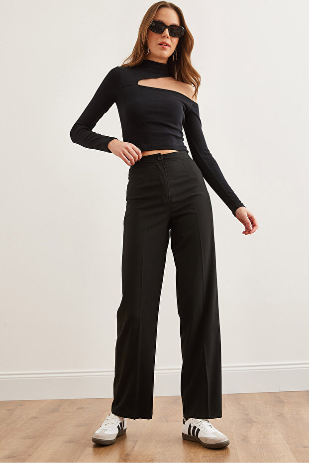 Women's Black Single Button Polyviscose Wide Leg Pantspnt- 19000305