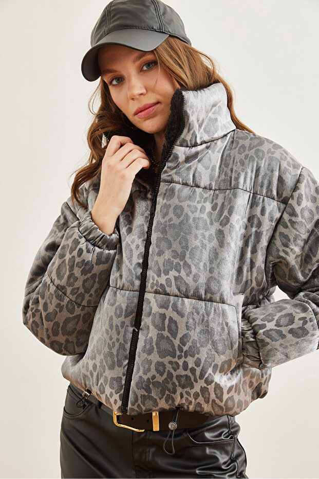 Women's Gray Leopard Print Shiny Puffer Jacket with Pockets Mnt- 19000046