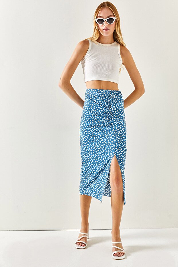 Women's Daisy Indigo Gathered Front Slit Knitted Skirt ETK-19000202
