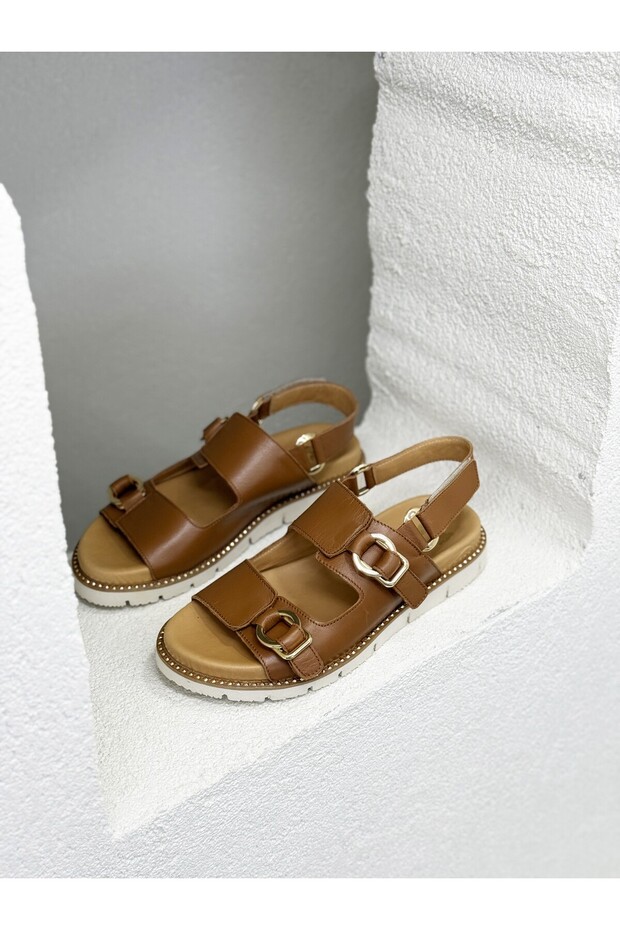 25440013 Y Double Buckle Genuine Leather Sandals Women