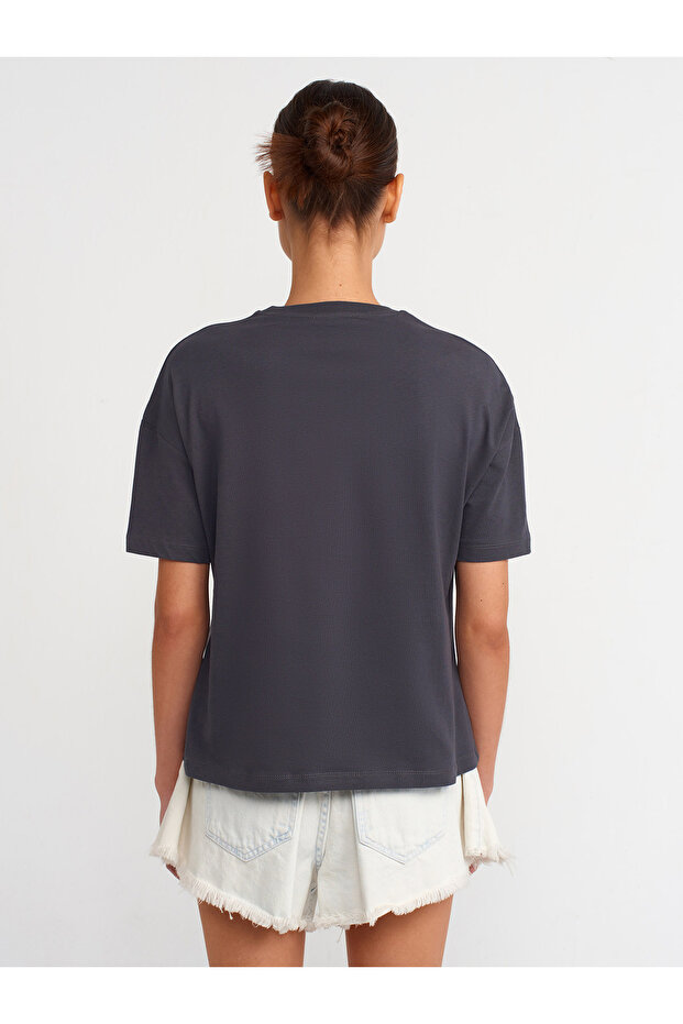 3683 %100 Pamuk Basic T-shirt-Antrasit - 3
