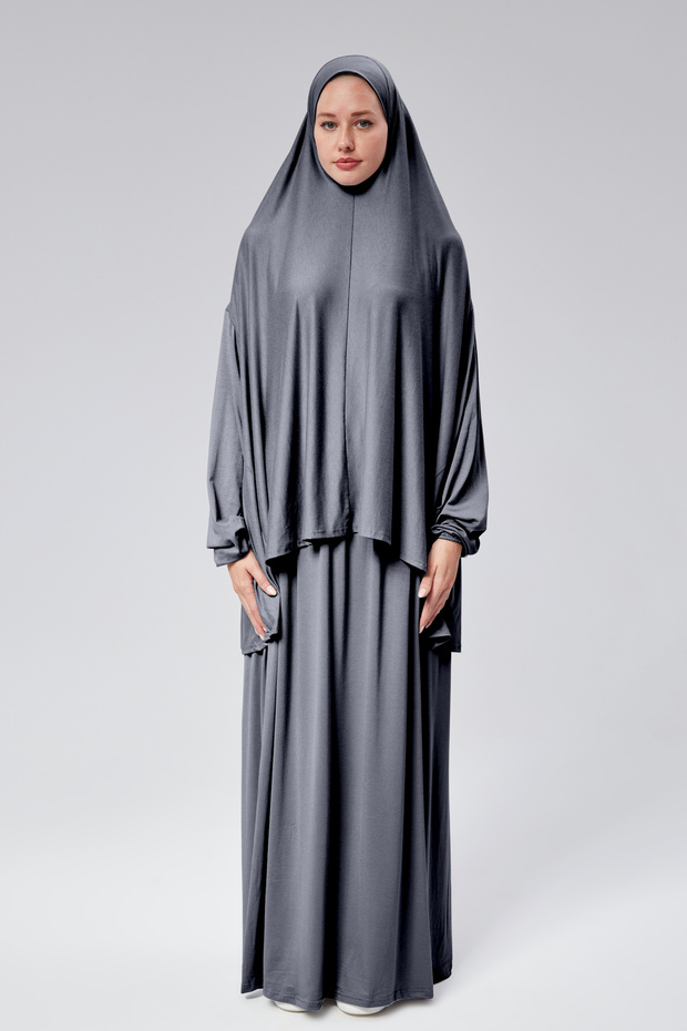 Women's Two-Piece Prayer Dress with Headscarf, Organic Cotton, Elastic Sleeves, Non-Slip Skirt, Combed Cotton, Hijab