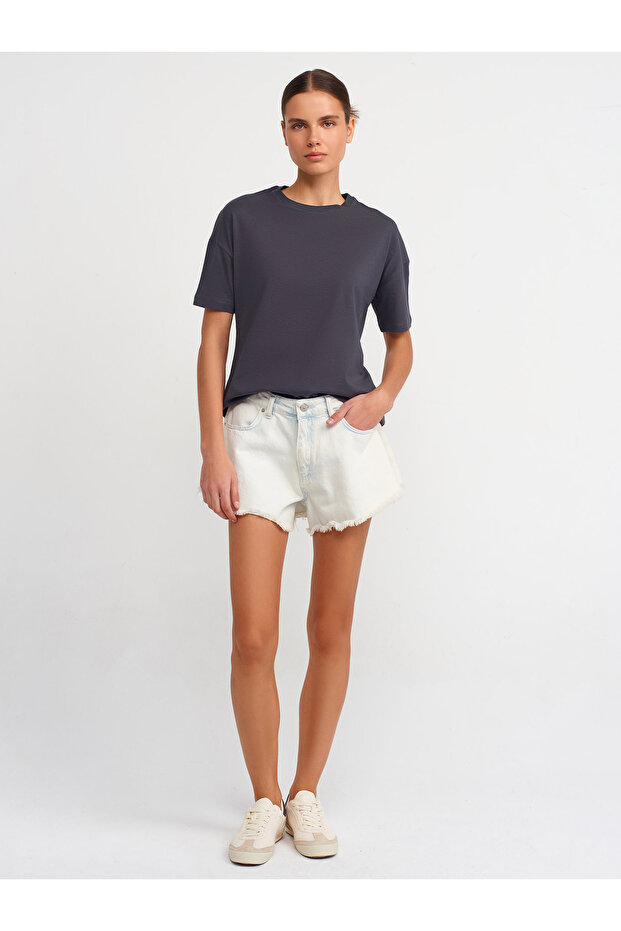 3683 %100 Pamuk Basic T-shirt-Antrasit - 4