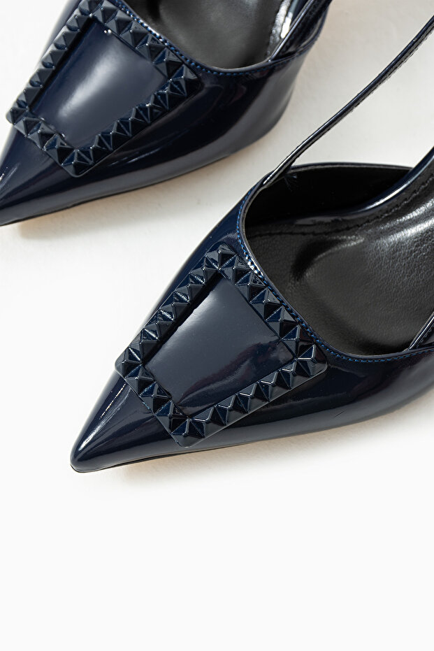 Parlak Lacivert Stiletto |Vegan Deri,7cm Topuklu, Bilekten Bantlı,Tokalı Sivri Burun Şık Topuklu - 5
